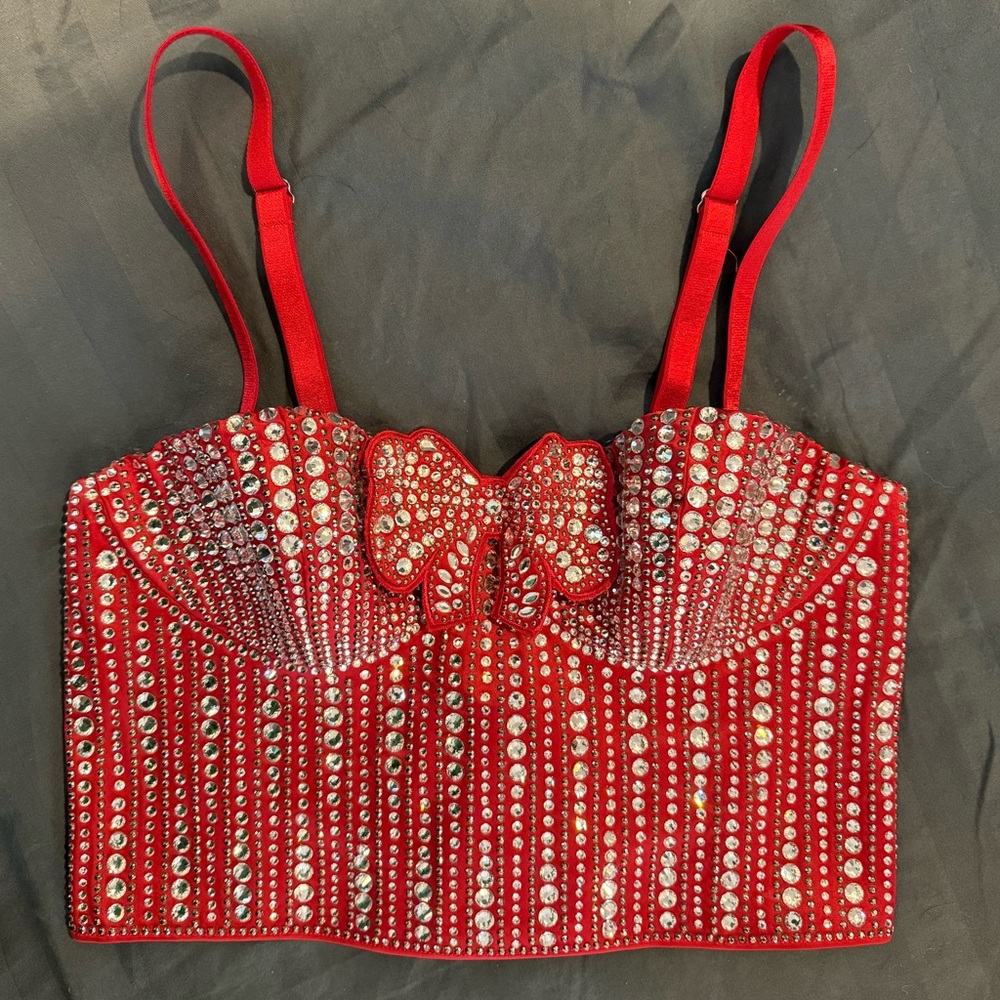 NWT Victorias Secret Red Rhinestone Holiday Bow Bejeweled Cropped Corset Top XS